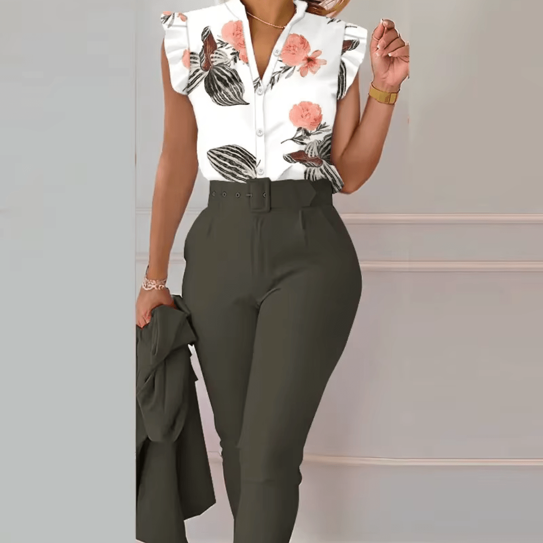 Completo Elegante con Camicia Floreale e Pantaloni a Vita Alta – Stile e Raffinatezza per Ogni Occasione - Biresi