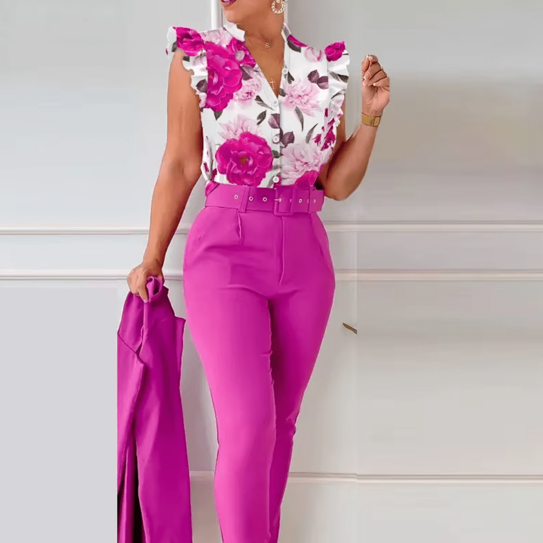 Completo Elegante con Camicia Floreale e Pantaloni a Vita Alta – Stile e Raffinatezza per Ogni Occasione - Biresi